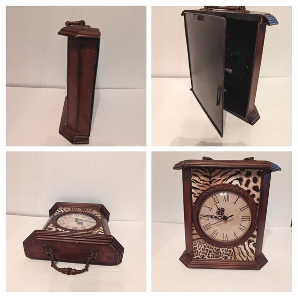 All Metal Handle Mantel Clock Safari  Wood design Back Secret Compartment Door - Picture 1 of 12
